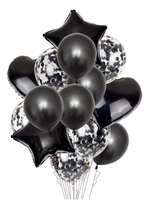 Set 14 Globos Metalizados Estrella Confetti Negro