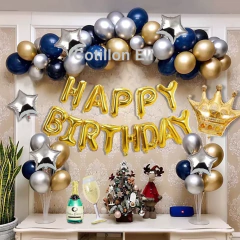 Combo Cumple Azul Dorado Cortina Globos Confetti Corona - Cotillon Eli