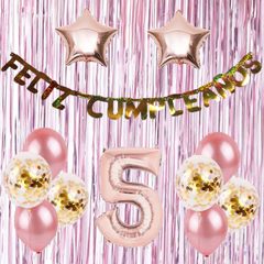 Combo Cumple Rosa Cortina Globos Confeti Feliz Cumple