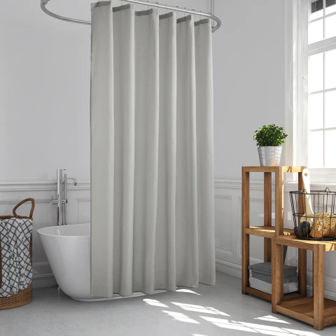 Cortina de baño símil lino + 12 ganchos rollers metálicos LiNEN