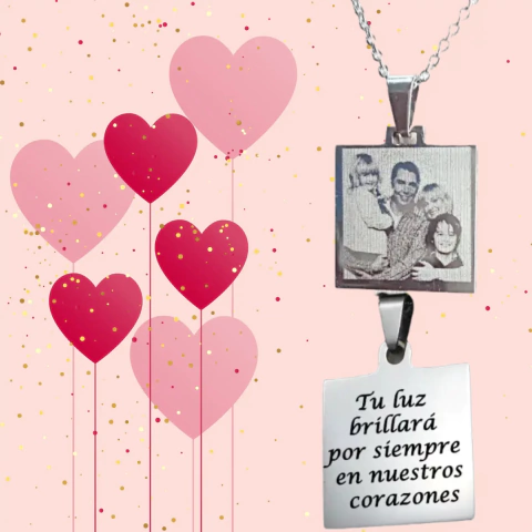 Fotomedalla corazón/redonda/cuadrada con frase atras