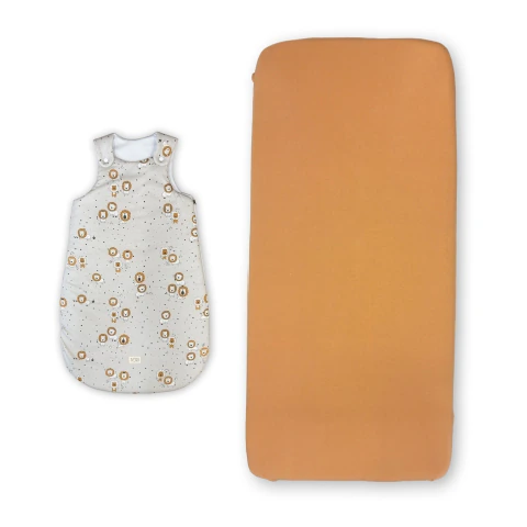 Kit Bolsita de Dormir Leones + Sábana ajustable canela - Colecho / Charriot