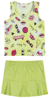 Conjunto Feminino Comfy Básico Blusa Estampada Shorts Saia Liso Elian 231705 - AMARELO FLUOR 3485