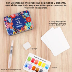 Set de bolsillo de 12 acuarelas con pincel Colores Esenciales- Grabie - Tienda Diseñarte