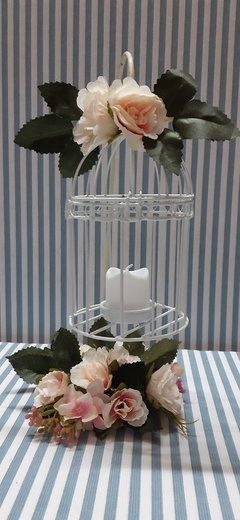 Centro De Mesa Jaula Con Pie Flores Y Velita Led