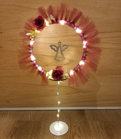 CENTRO DE MESA aro con tul, dije colgante y luz led