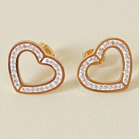 Brinco Coração Dourado com Pedras Aço Inox | Pistache Acessórios