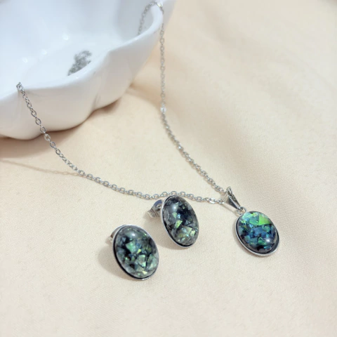 Colar Gargantilha com Pingente Abalone e Brinco em Aço Inox