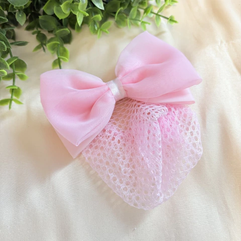 Presilha Laço Rosa com Rede para Cabelo