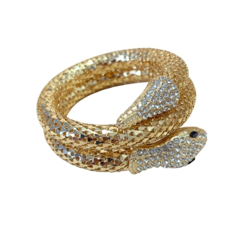 Pulseira estilo cobra dourada, em formato de mola flexível com duas voltas. Possui pedras aplicadas na cabeça e no rabo, feita em bijuteria de alta qualidade.