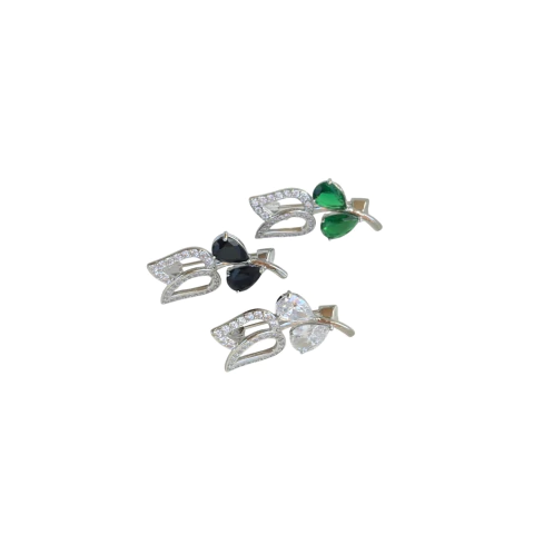 Broche em formato de tulipa com pedras de zircônia, disponível nas cores verde ou preta. Base prateada com fecho de alfinete.