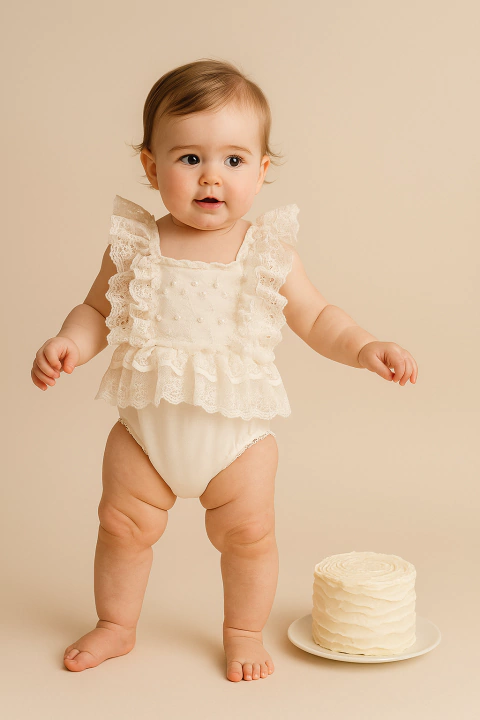 Bebê menina vestindo body off white com babados e detalhes em renda, em pé sobre fundo bege ao lado de bolo branco decorado