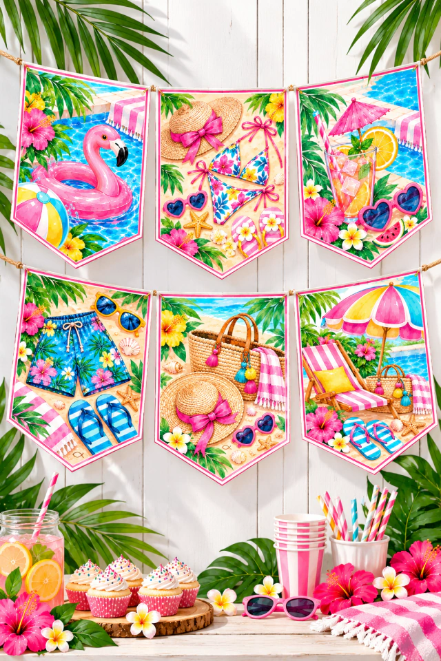 Topper Merlina banderin tematica pool party