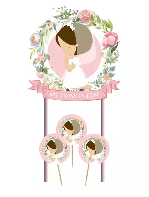 Topper Comunion de Nena con flores Rosa + 3 pinches