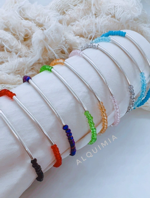 PULSERA CRISTAL CON TUBITO + 2 bolitas laterales - VARIOS COLORES- 19 cm - PLATA 925 - P.004/2