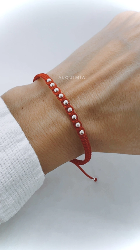 PULSERA MACRAMÉ CON 9 BOLITAS de 3 mm- REGULABLE- PLATA 925- P.045