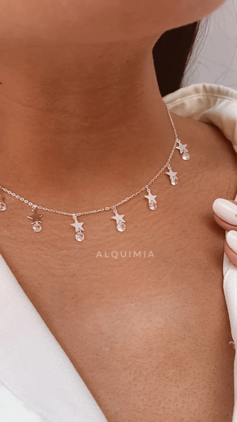 CHOCKER ESTRELLAS CON PUNTOS DE LUZ- Plata Silver -(35 cm + 5 cm de extensión )- C.030/2