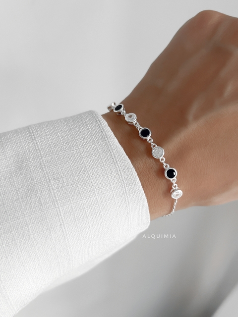 “PULSERA CRYSTAL GOTHIC”-17 + 3 cm de extensión -Puntos De Luz 5mm - combinada negro y cristal- (PLATA 925) - P.041/2-A