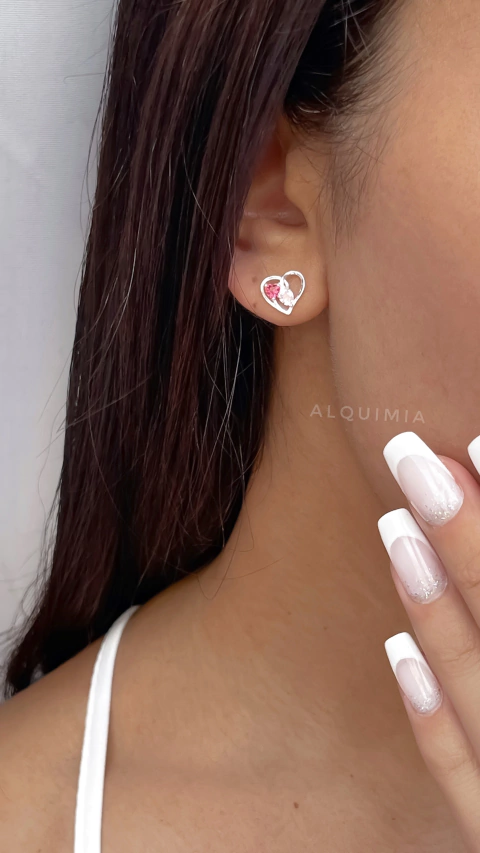 ARO “CORAZÓN”- linea premiun importada con micropiedra rosa corazones - cierre mariposa- POR PAR- Plata 925- A.060