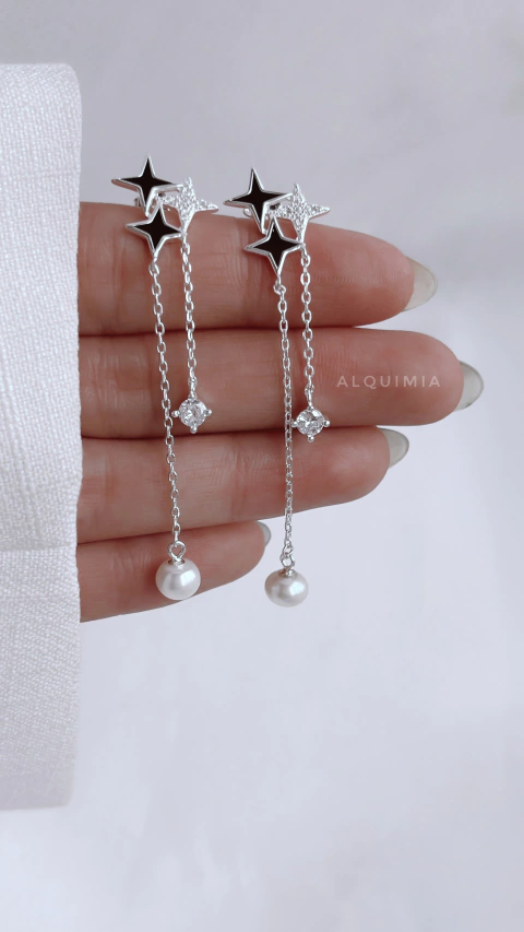 ARO “ START BLACK” con perla de cultivo- PREMIUN- ( POR PAR) - PLATA 925- A.104