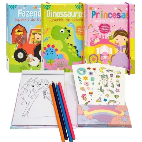 Kit C/15 Livros para colorir + adesivos + lápis de cor atacado papelaria
