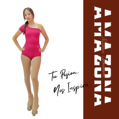"Maillot entero de entrenamiento modelo Amazona de la marca Patín Azul para patín artístico, en color bordo con detalles calados en las mangas cortas, cuello redondo alto y calce anatómico."