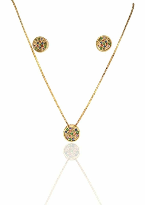 Conjunto colar e brinco redondo zirconias coloridas Tereza banhado a ouro 18k