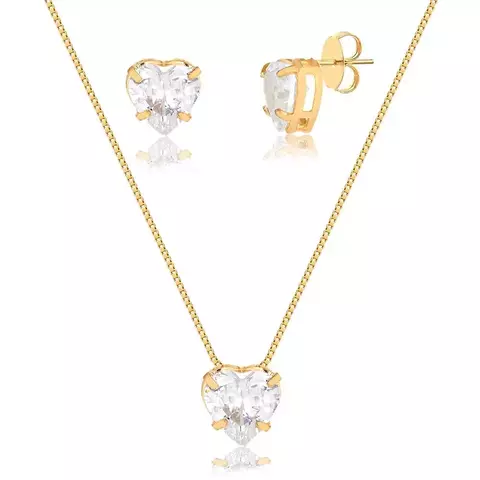 Conjunto coração cristal colar e brincos banhados a ouro 18k