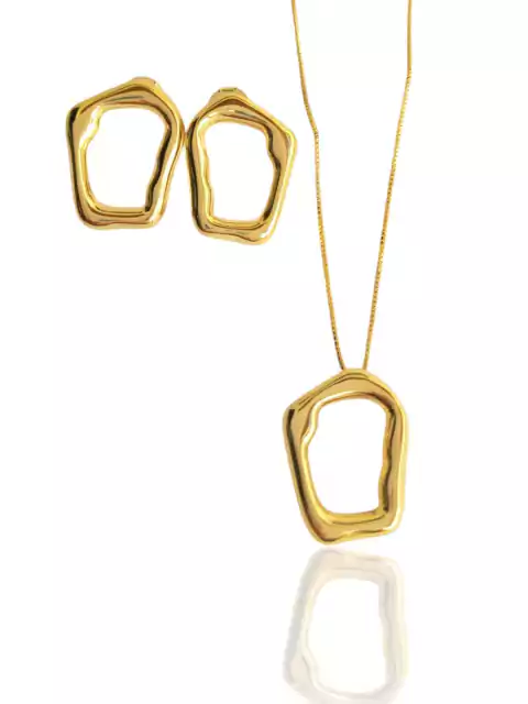 Conjunto colar e brincos orgânicos banhado a ouro 18k