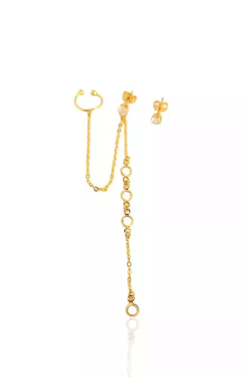 Brinco ear cuff corrente com pontos de luz com piercing fake Maya banhado a ouro 18k