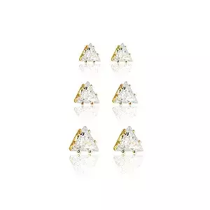 Trio de brincos triângulo cristal banhados a ouro 18k