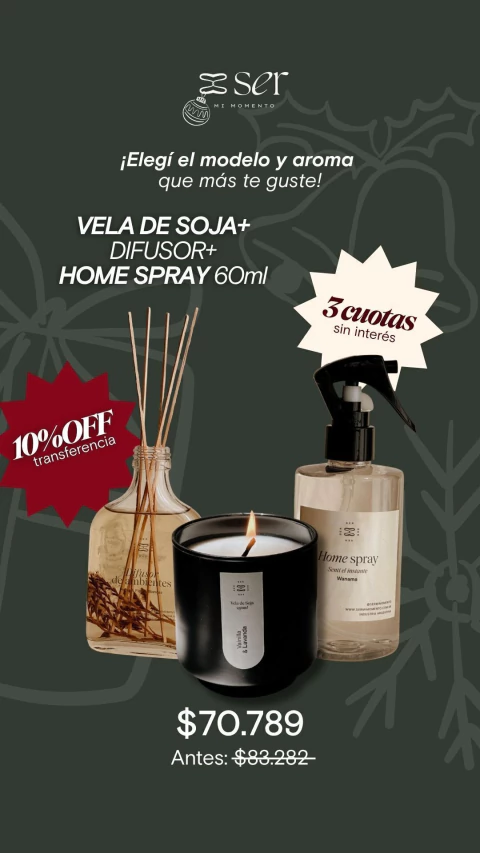 Vela de soja + Difusor de Ambientes + Home Spray