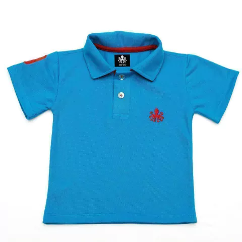 Polo Infantil Bordada Manga Curta Piquet Azul Com Detalhes Em Vermelho | Otto