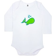 Body Bordado Manga Longa Branco Algodão Baleia Contorno Azul| Isabb