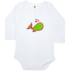 Body Bordado Manga Longa Branco Algodão Baleia Contorno Rosa| Isabb