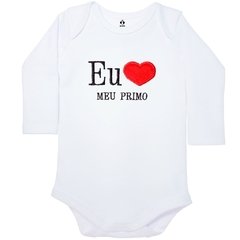 Body Bordado Manga Longa Branco Algodão Eu Amo Meu Primo | Isabb