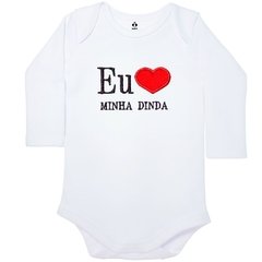 Body Bordado Manga Longa Branco Algodão Eu Amo Minha Dinda| Isabb
