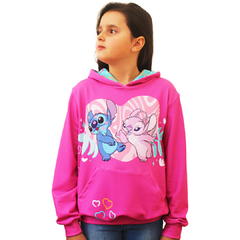 Blusa Moletinho Bolso Canguru com Capuz Casal Stitch