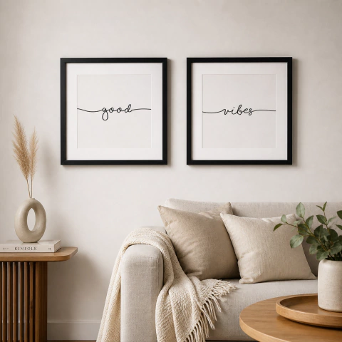 Set de Cuadros Decorativos “Good Vibes” con Marco Negro y Vidrio