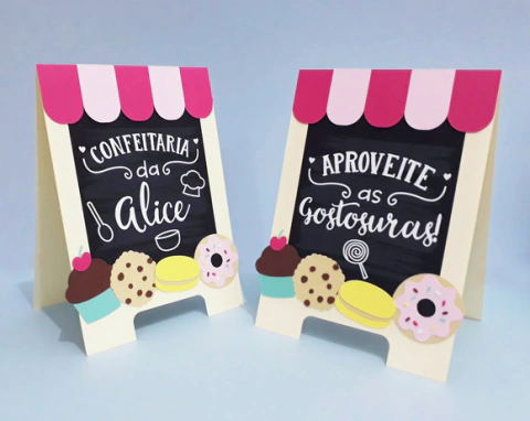 Kit com 2 Displays de Mesa Mini Cavaletes Confeitaria