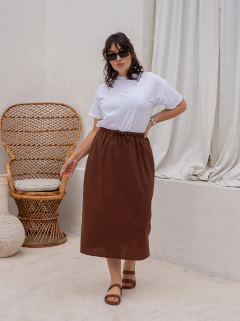 POLLERA MIDI LINO MARRON