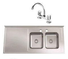 Mesada Johnson Acero 140x61 Bacha Doble + Griferia Peirano Bicomando