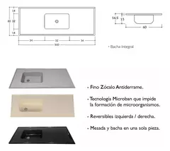 Mesada Marmol Sintetico 160 x 60 cm Bacha Reversible Durafort - tienda online