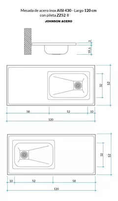 Mesada Johnson Acero Inoxidable 120x52 Bacha Simple izquierda o derecha - Pignataro Diseño & Construccion