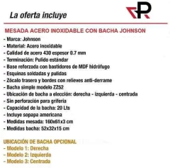 Mesada Johnson Acero Inoxidable 160 X 61cm Bacha Simple 1.60 - comprar online