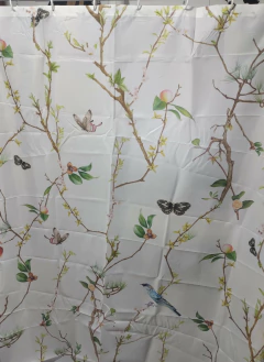 Combo Cortina Baño Pajaritos, con protector, ganchos y alfombra en internet