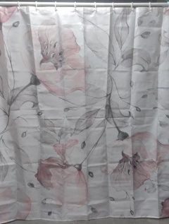 Combo Cortina Peonias Rosas, con protector, ganchos y alfombra en internet