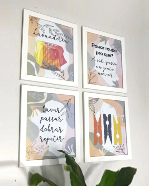 Quadros Lavanderia Lavar Passar Dobrar 4 Peças c Vidro