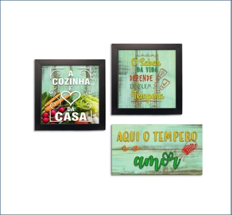 Conjunto Quadros e Placa Frases Cozinha Coração da Casa
