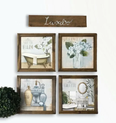 Kit 4 Quadros Decorativos Lavabo Banheiro Toalete Com Placa